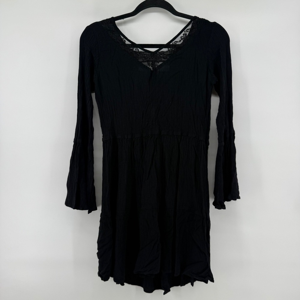 Earthbound Trading Co Black Lace Trim Bell Sleeve Crinkle Gauze Mini Dress Small